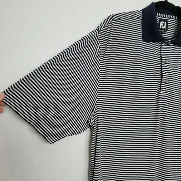FootJoy Mens Golf Polo Size M Blue White Striped Short Sleeve Button LOGO - Picture 4 of 9
